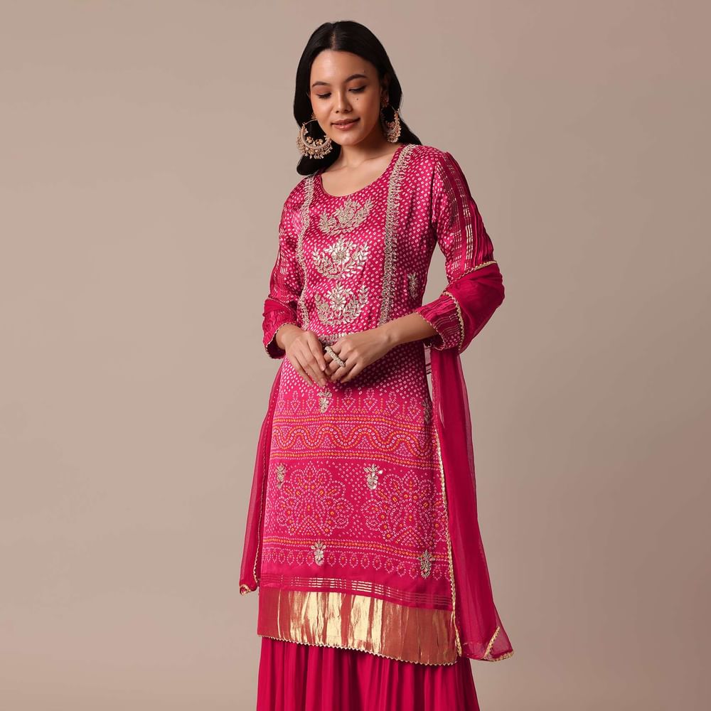 Red Printed Kurta Sharara Set In Silk