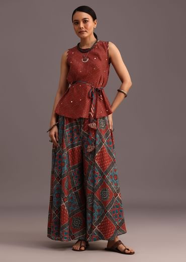 Red Printed Kurti Palazzo Set With Embroidery
