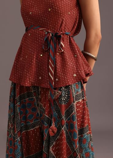 Red Printed Kurti Palazzo Set With Embroidery