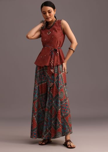 Red Printed Kurti Palazzo Set With Embroidery