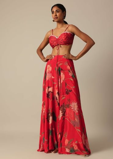 Red Printed Lehenga And Jacket Set In Chiffon