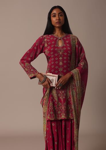 Red Printed Sharara Set With Stone Work Kurta