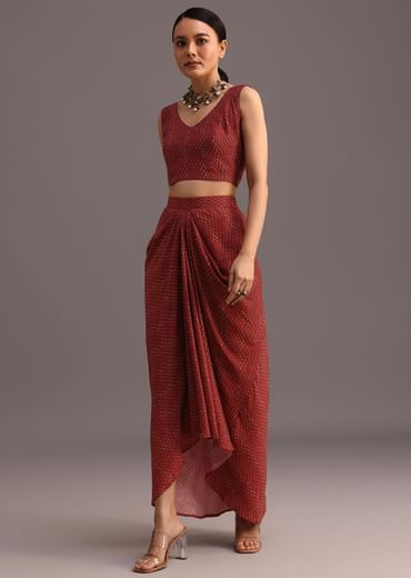 Red Ajrakh Printed Shirt And Croptop With Draped Skirt