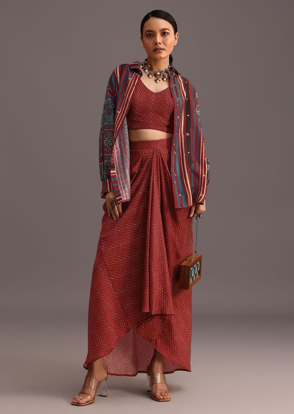 Red Ajrakh Printed Shirt And Croptop With Draped Skirt