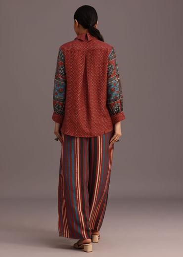 Red Printed Shirt Palazzo Set With Embroidery