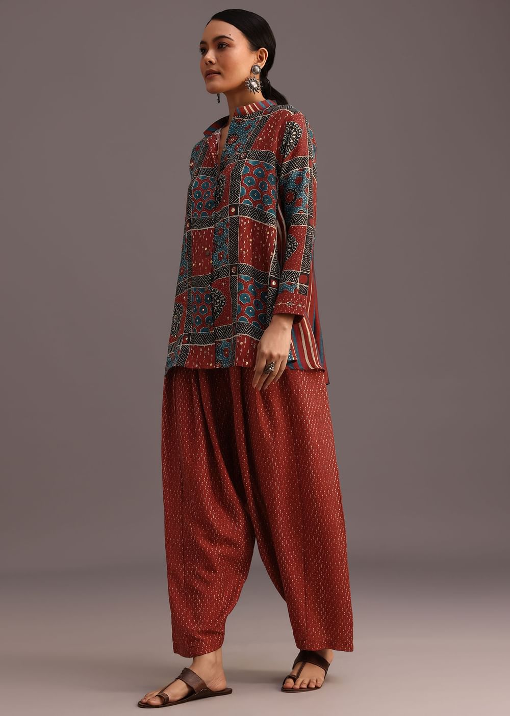 Red Printed Shirt Salwar Set With Embroidery