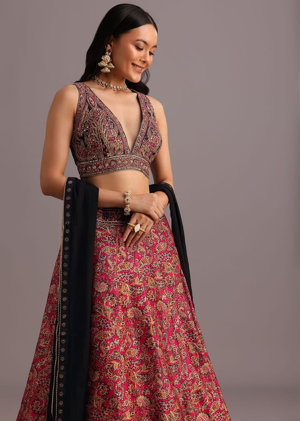 Red Printed Zari Embroidered Lehenga Choli With Dupatta