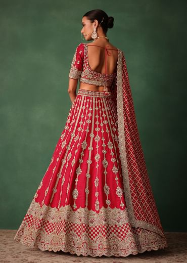 Red Raw Silk Hand Embroidered Lehenga With Net Dupatta