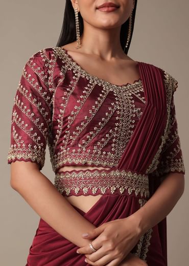 Maroon Readymade Saree With Embellished Blouse