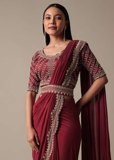 Maroon Readymade Saree With Embellished Blouse