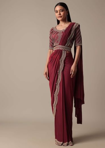 Maroon Readymade Saree With Embellished Blouse