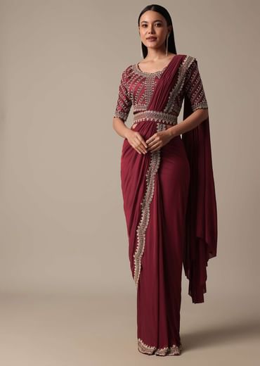 Maroon Readymade Saree With Embellished Blouse