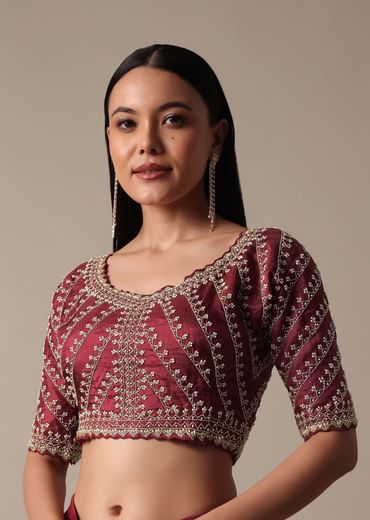 Maroon Readymade Saree With Embellished Blouse