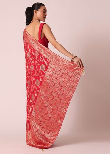 Red Saree in Dola Silk With Floral Weave And Unstitched Blouse Piece