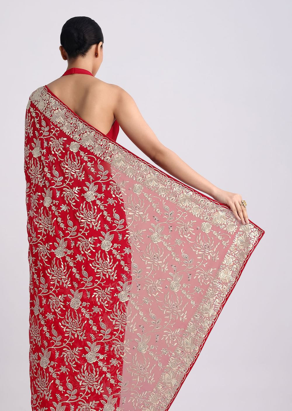 Red Saree In Georgette with Parsi Gara Work