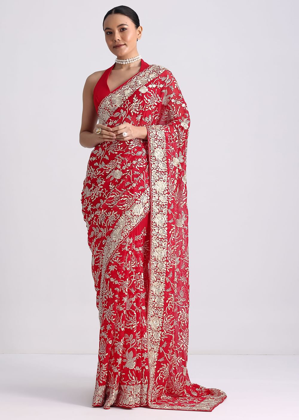 Red Saree In Georgette with Parsi Gara Work