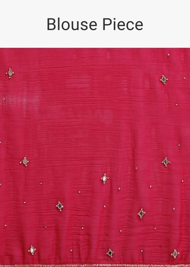 Red Satin Chinon Saree With Mirror Embroidery And Unstitched Blouse
