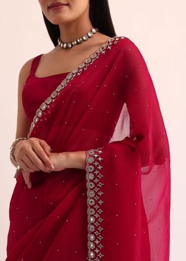 Red Satin Chinon Saree With Mirror Embroidery And Unstitched Blouse