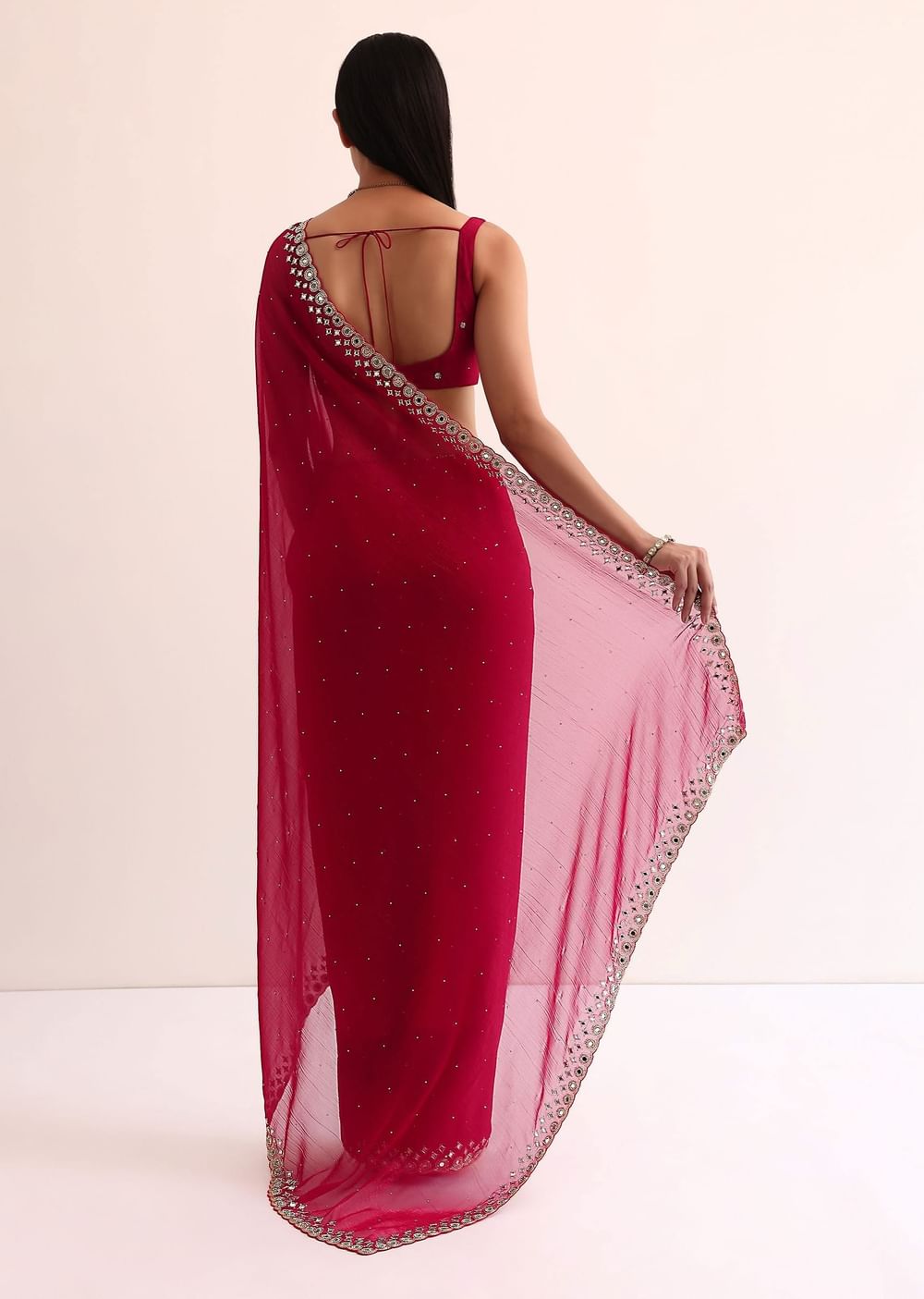 Red Satin Chinon Saree With Mirror Embroidery And Unstitched Blouse