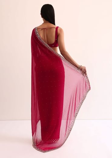 Red Satin Chinon Saree With Mirror Embroidery And Unstitched Blouse