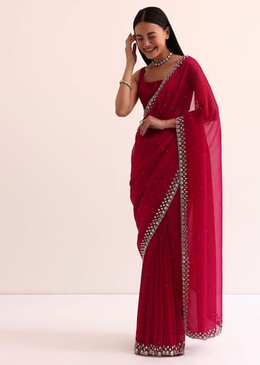 Red Satin Chinon Saree With Mirror Embroidery And Unstitched Blouse