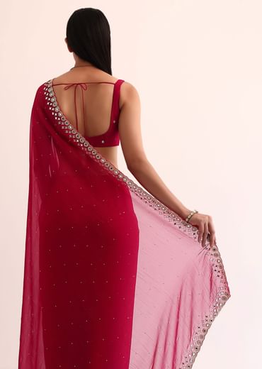 Red Satin Chinon Saree With Mirror Embroidery And Unstitched Blouse