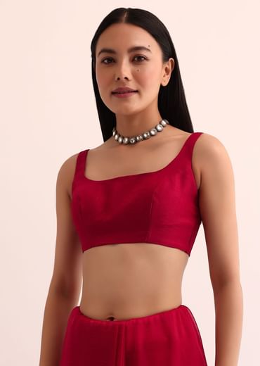 Red Satin Chinon Saree With Mirror Embroidery And Unstitched Blouse