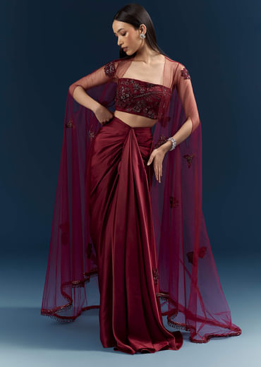 Red Satin Crop Top And Drape Skirt Set With Lace Work And Embroidery