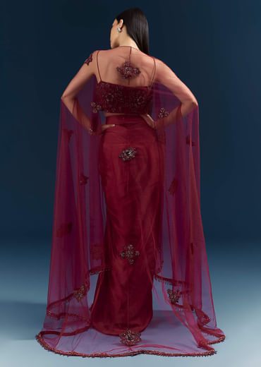 Red Satin Crop Top And Drape Skirt Set With Lace Work And Embroidery