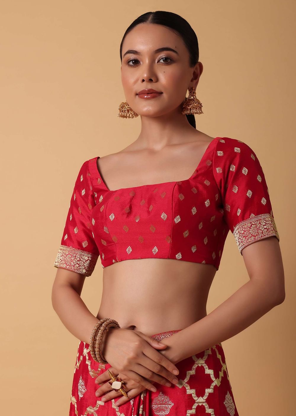Red Satin Organza Saree With Moroccan Jaal Weave And Unstitched Blouse Piece