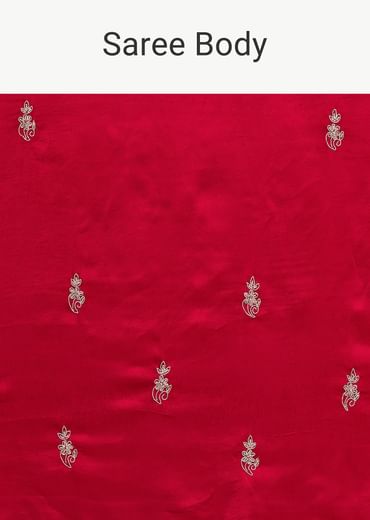 Red Satin Saree With Stone Embroidered Border And Unstitched Blouse