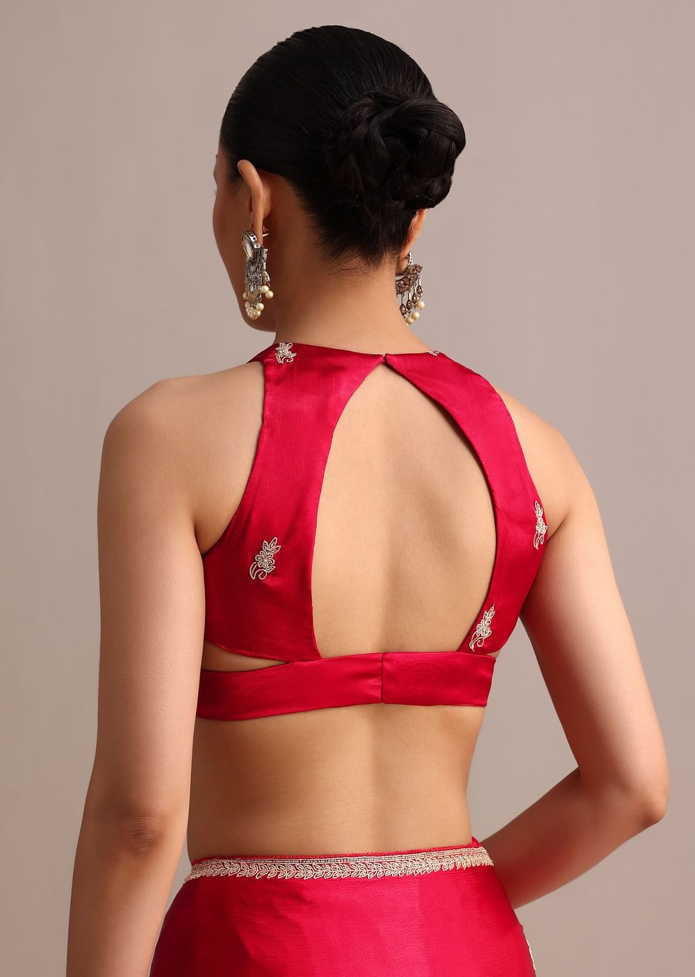 Red Satin Saree With Stone Embroidered Border And Unstitched Blouse