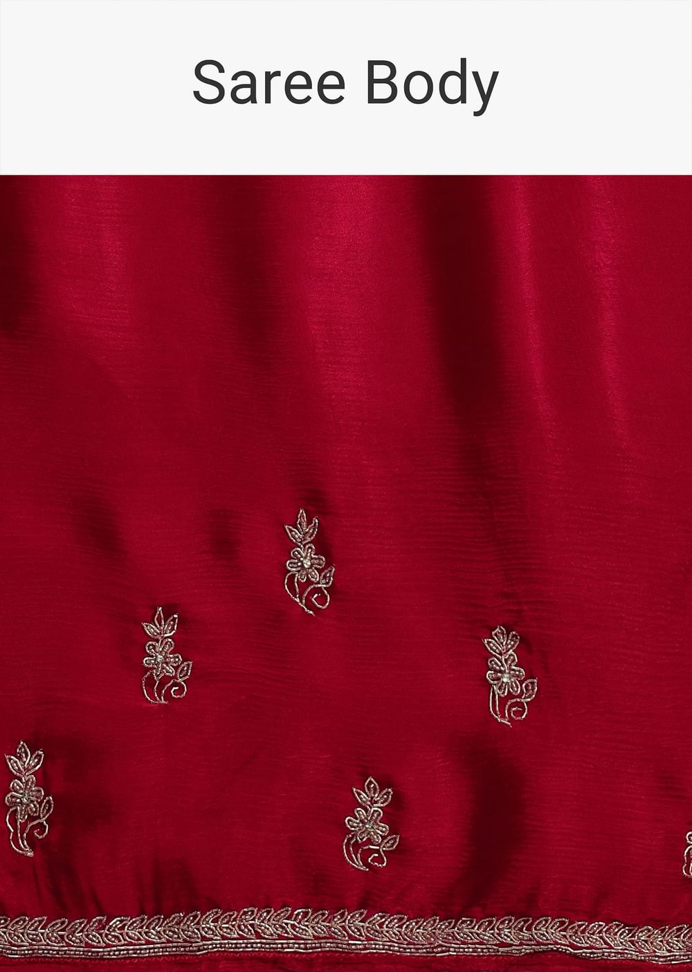 Red Satin Saree With Stone Embroidered Border And Unstitched Blouse