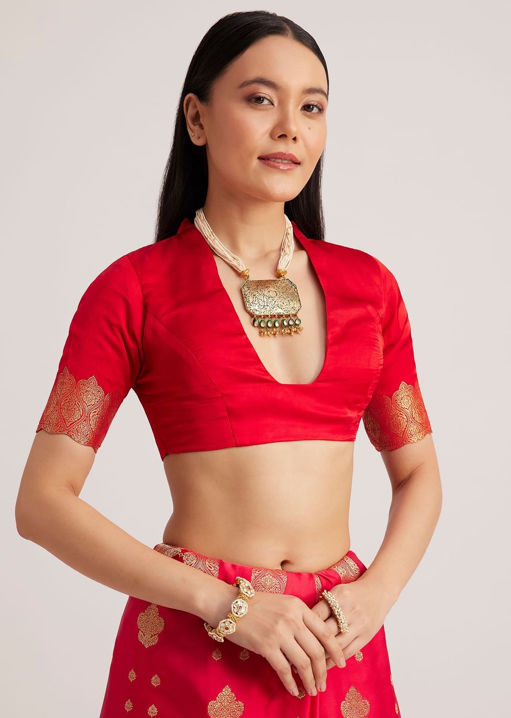 Red Satin Silk Butti Woven Saree With Scallop Brocade Border