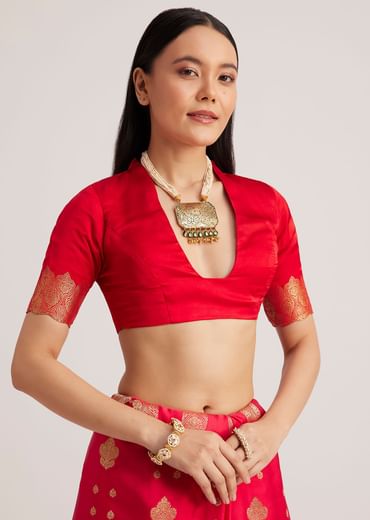 Red Satin Silk Butti Woven Saree With Scallop Brocade Border