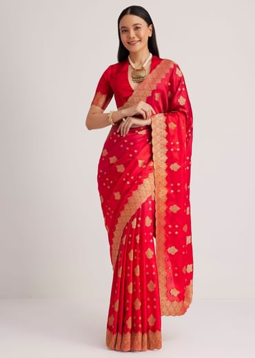 Red Satin Silk Butti Woven Saree With Scallop Brocade Border
