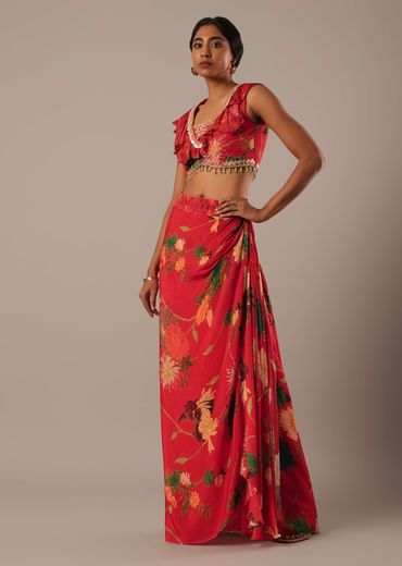 Red Sequin Embellished Blouse And Printed Skirt Set