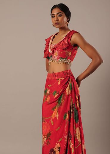 Red Sequin Embellished Blouse And Printed Skirt Set