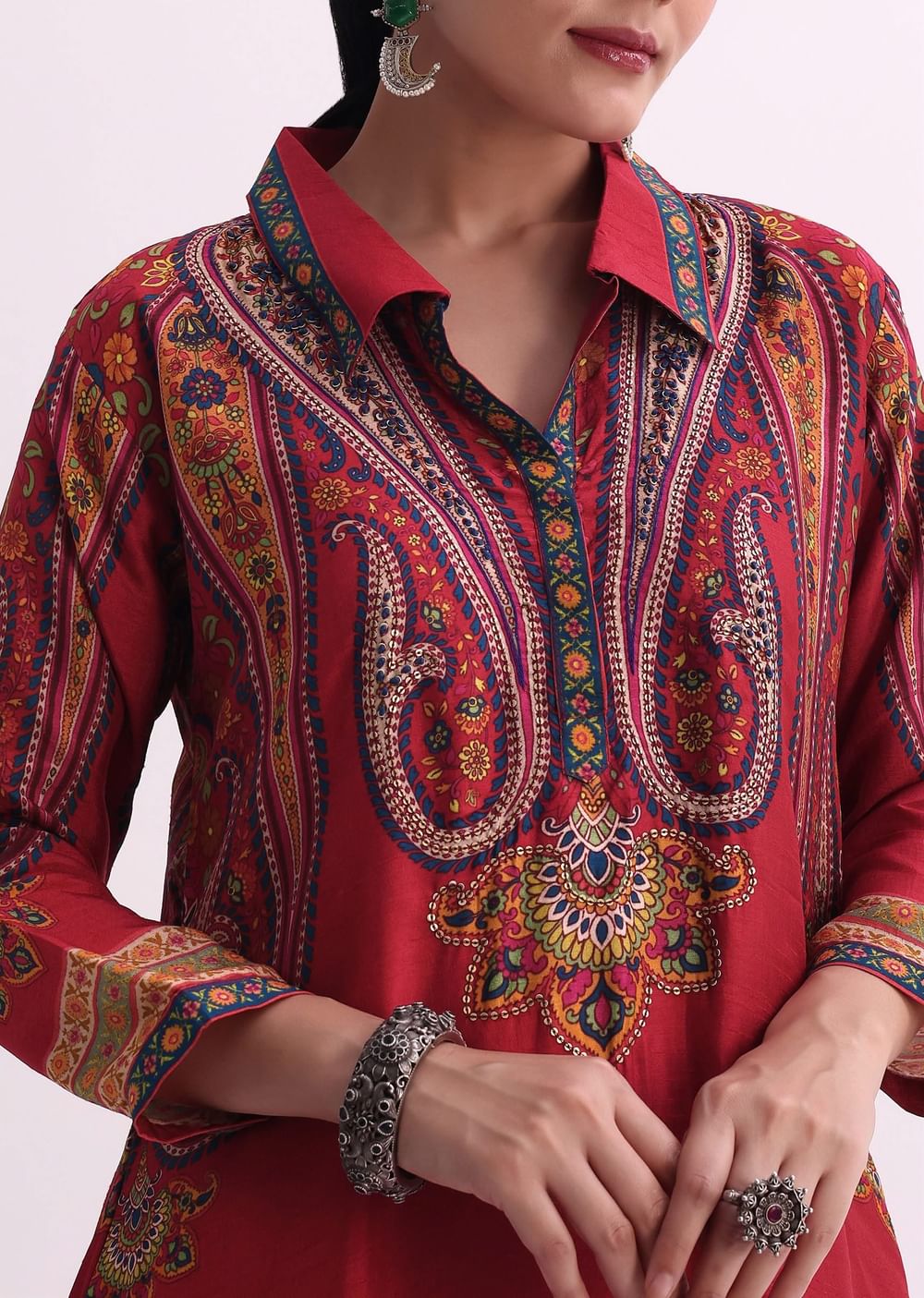 Red Sequin Embroidered Kurta With Printed Pant Set