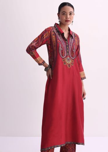 Red Sequin Embroidered Kurta With Printed Pant Set