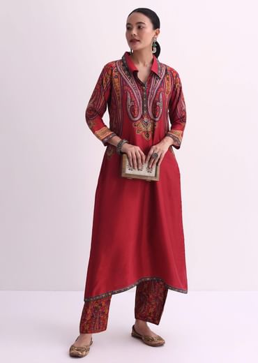Red Sequin Embroidered Kurta With Printed Pant Set