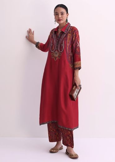 Red Sequin Embroidered Kurta With Printed Pant Set
