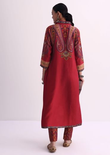 Red Sequin Embroidered Kurta With Printed Pant Set