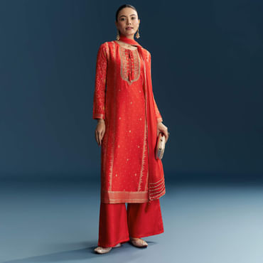 Red Silk Bandhani Palazzo Suit With Embroidery