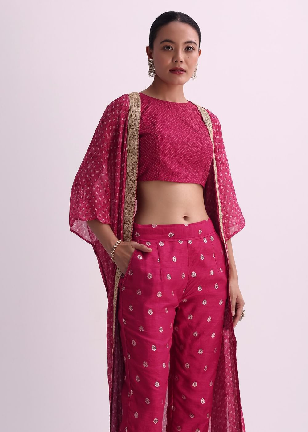 Red Silk Crop Top And Pant Set With Bandhani Print Jacket