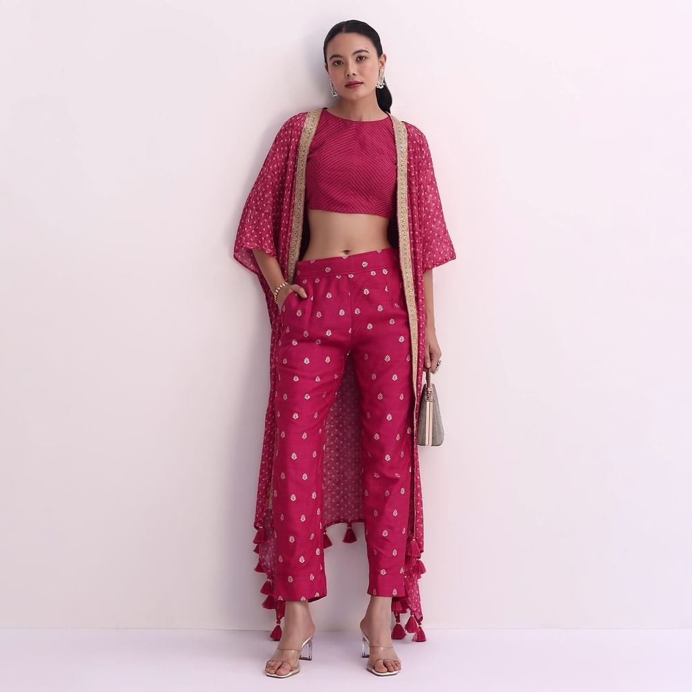 Red Silk Crop Top And Pant Set With Bandhani Print Jacket