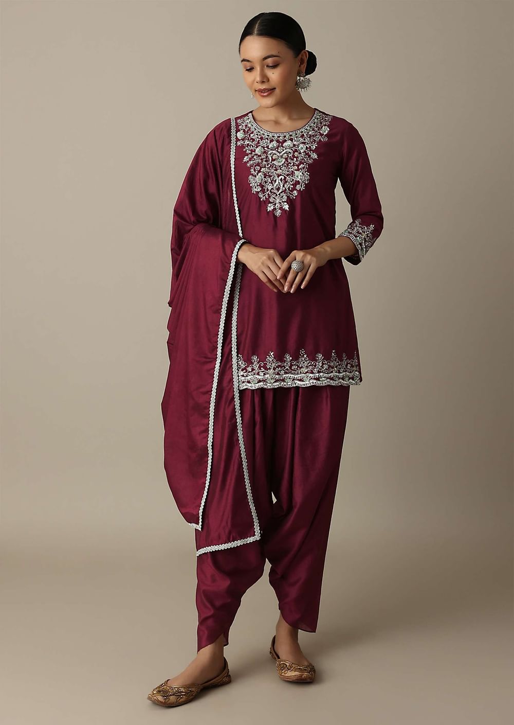 Red Silk Embroidery Kurta Set With Salwar And Dupatta