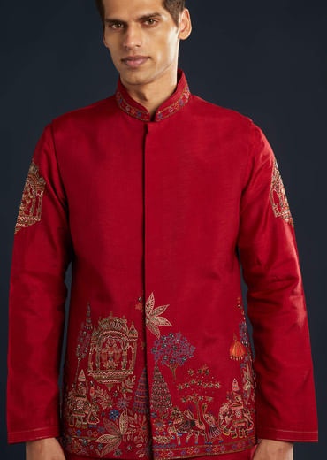 Red Silk Jacket Kurta Set With Cutdana Work Red Silk Jacket Kurta Set With Cutdana Work