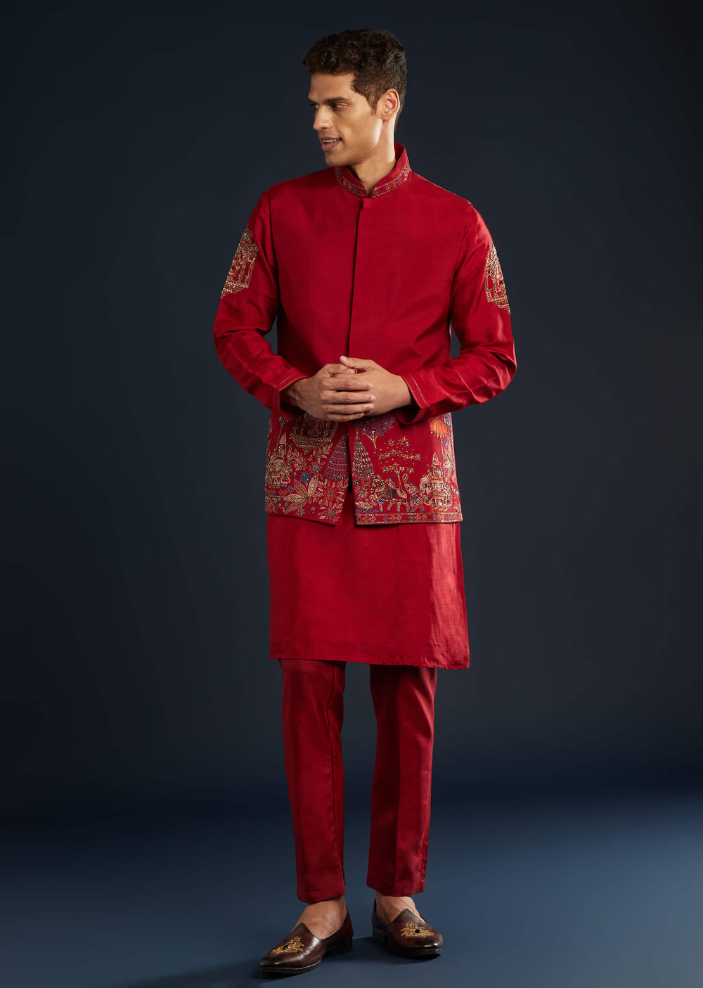 Red Silk Jacket Kurta Set With Cutdana Work