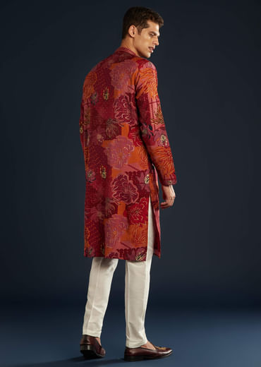 Red Silk Kurta Set With Foil Work